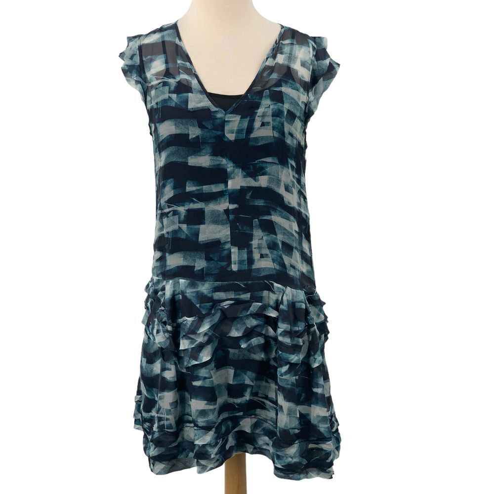 Theory Cap Sleeve V-Neck Blue/Black Marbled Ruffled Tiered Dress w/Slip Size 8